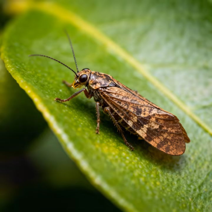 A magnified, highly detailed image of the tiny Asian citrus psyllid insect on a green leaf.