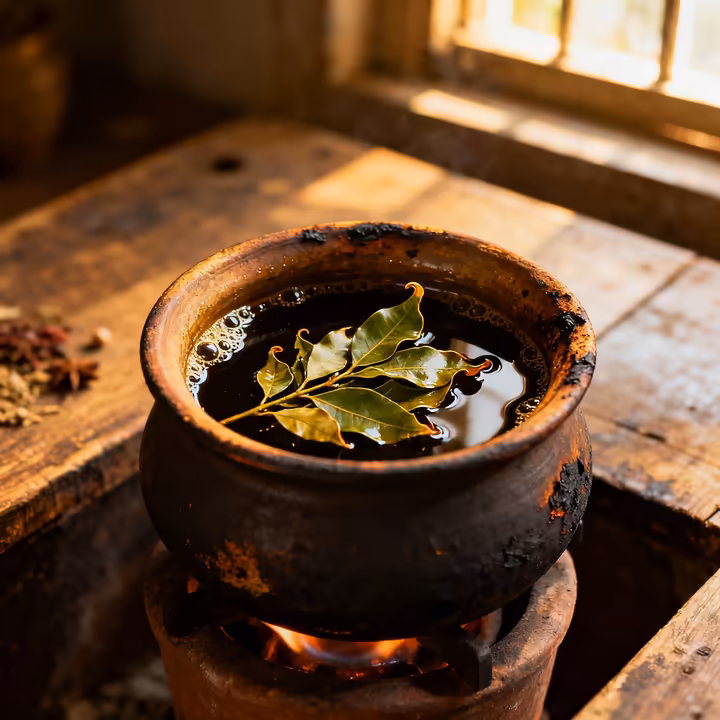 A small pot on a stove with fresh curry leaves gently boiling in dark coconut oil, creating a traditional hair tonic.