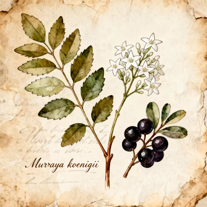 A detailed botanical illustration of the Murraya koenigii (curry leaf) tree, showing the leaves, white flowers, and small black berries.