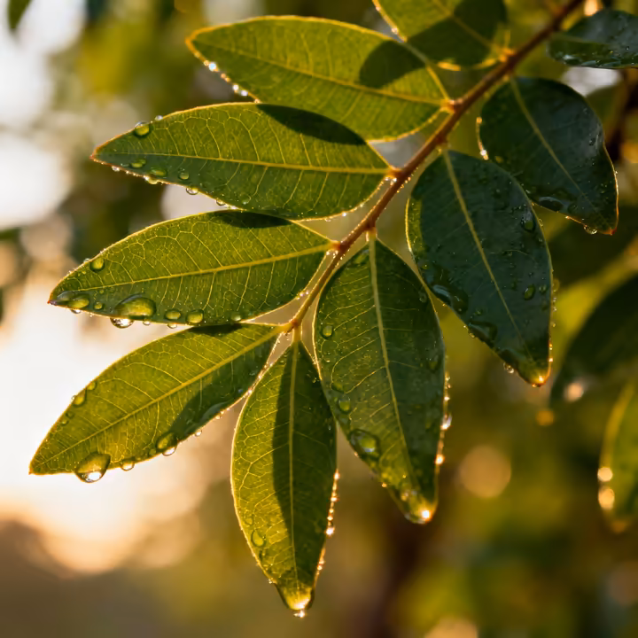 A vibrant, close-up shot of a curry leaf tree branch, with lush, green leaves glistening in the sun.
