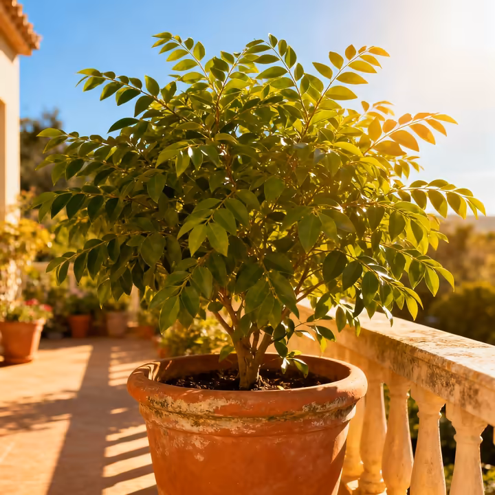 A healthy, bushy curry leaf plant thriving in a terracotta pot on a sunny patio.