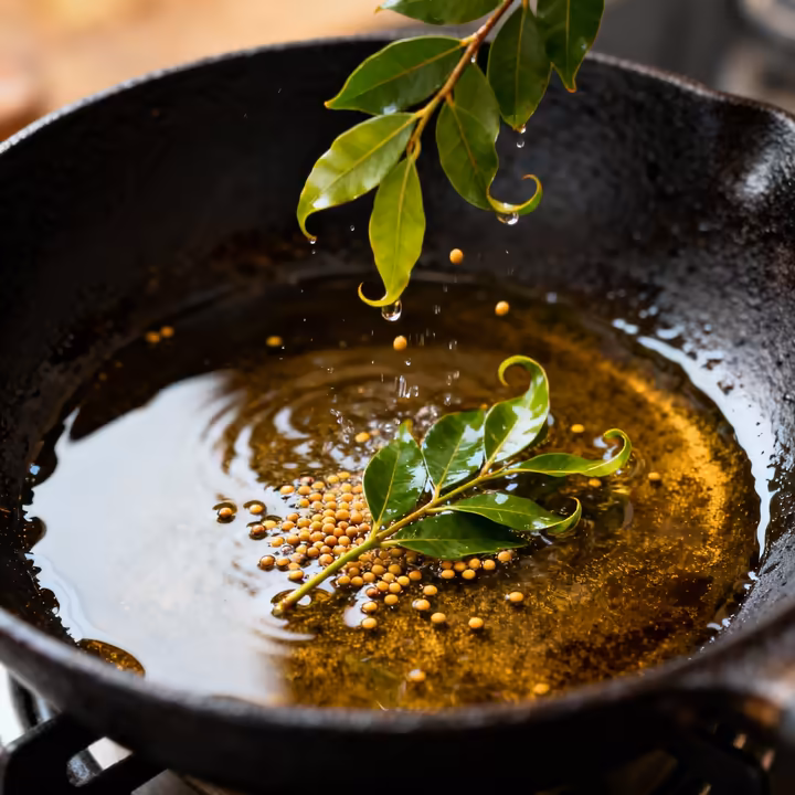 A dynamic action shot of fresh curry leaves sizzling and curling as they are dropped into a pan of hot oil with mustard seeds.