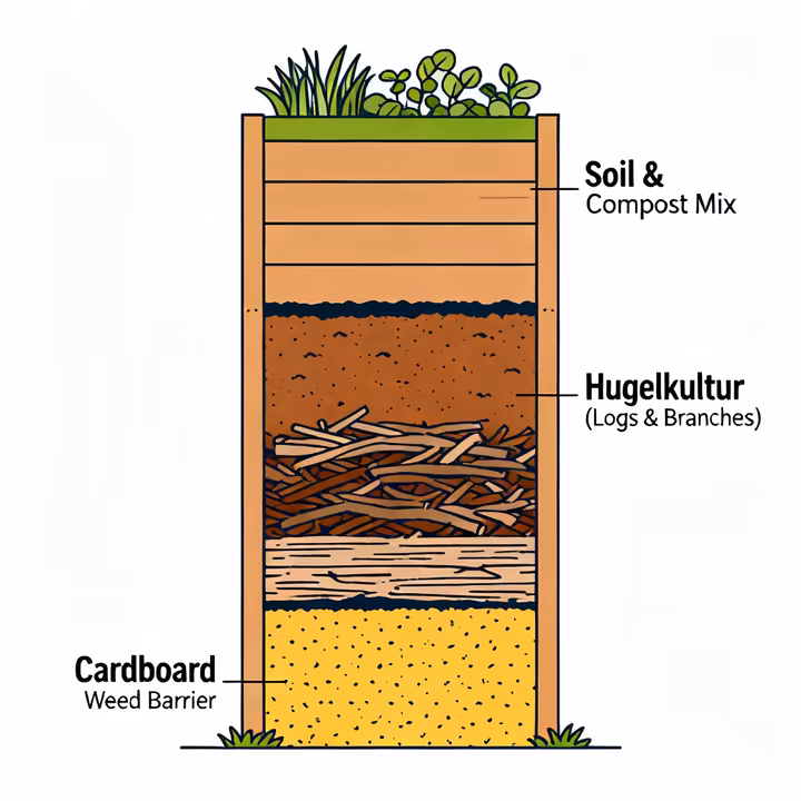 An illustrated cross-section of a raised garden bed showing the layers for filling: a cardboard weed barrier at the bottom, a layer of logs and branches for Hugelkultur, and topped with a rich mix of topsoil and compost.
