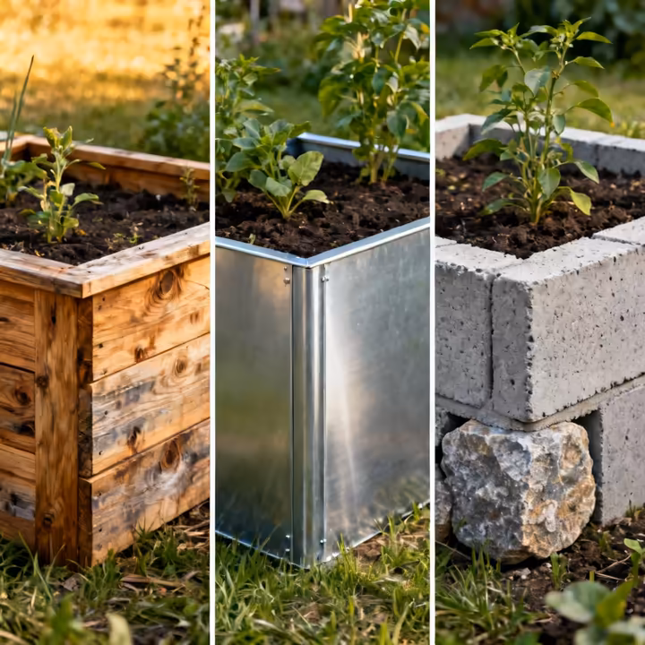 A split-view image showcasing different raised garden bed materials: natural cedar wood, modern galvanized steel, and sturdy concrete blocks.