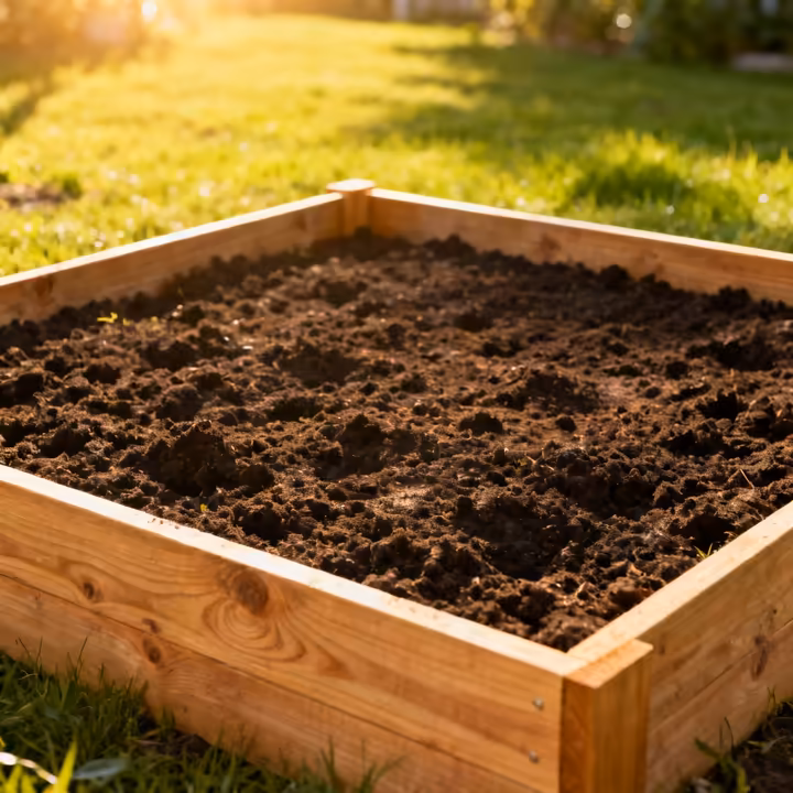 A beautifully constructed cedar raised garden bed filled with dark, rich soil, located in a sunny backyard.