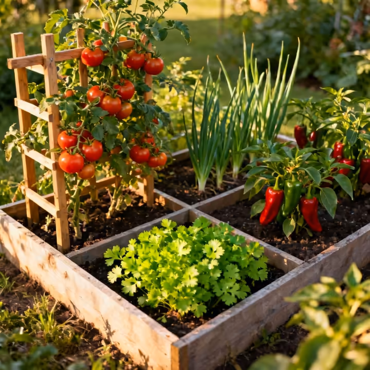A vibrant 4x4 foot raised garden bed overflowing with plants for a salsa garden, including trellised tomato plants, bushy pepper plants, onions, and fresh cilantro.