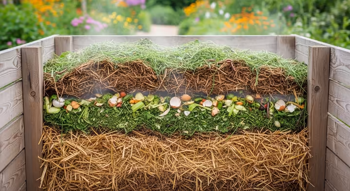 A well-structured compost pile showing visible layers of brown, old straw and green kitchen scraps.