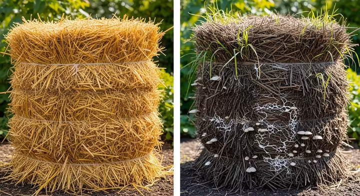 A side-by-side comparison showing a fresh golden straw bale next to an old, dark, and decomposing straw bale.