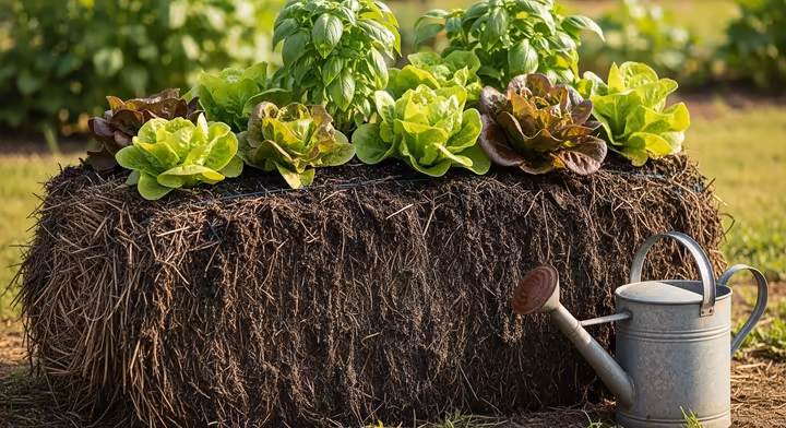 Lettuce and herbs growing vigorously directly out of the top of an old, composted straw bale.
