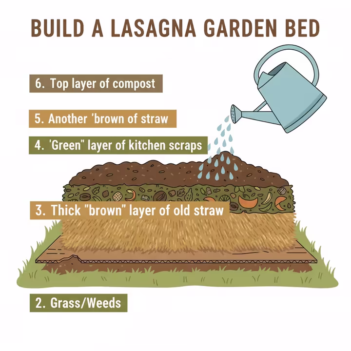 A diagram showing the layers of a sheet mulching (lasagna) garden bed, starting with cardboard, then straw, then green material.