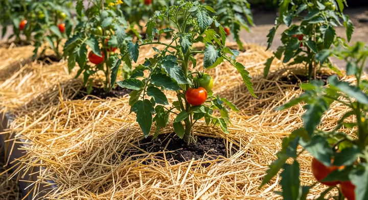 A vegetable garden with a thick layer of straw mulch covering the soil around healthy tomato plants.